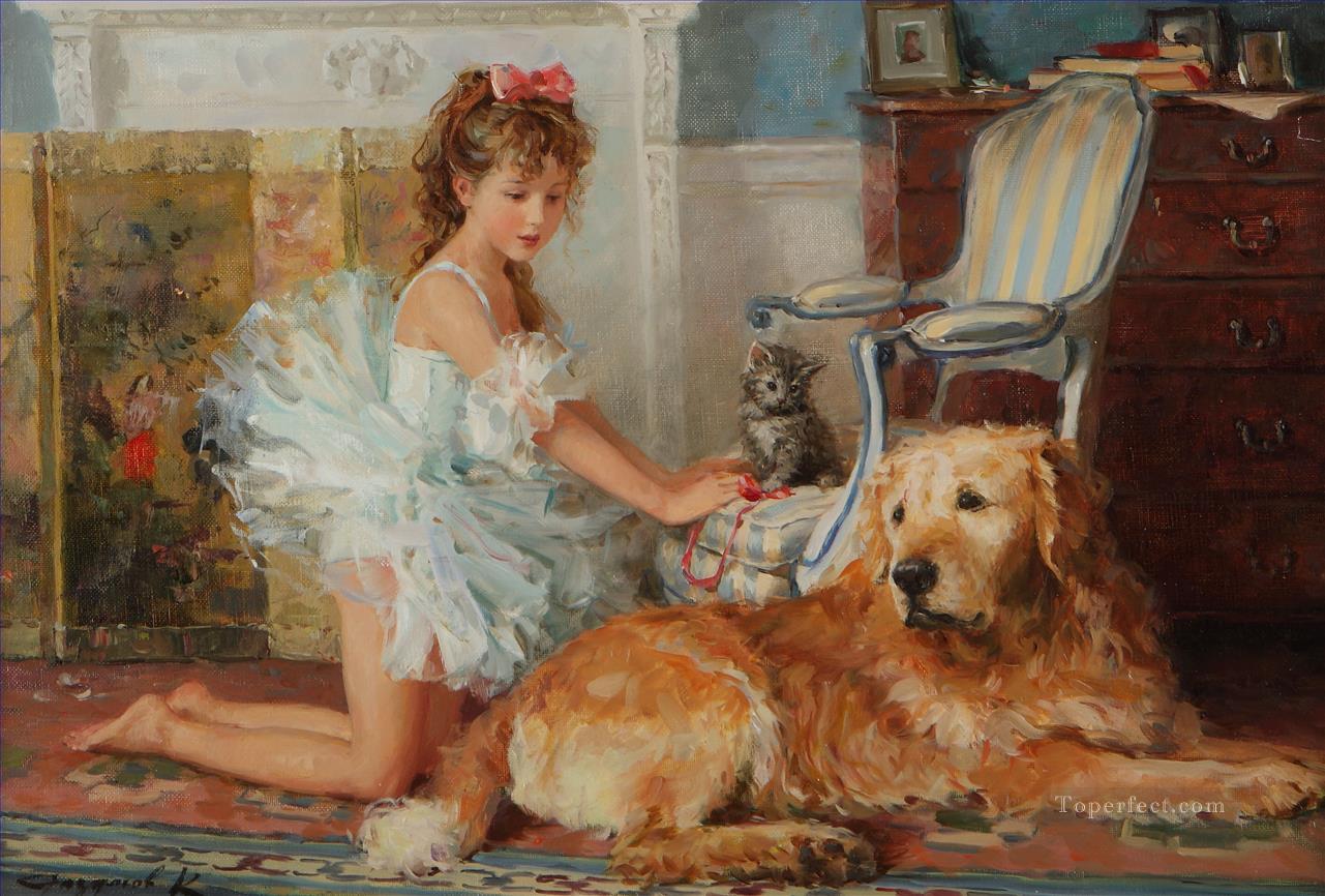 女の子と犬子猫 008 ペットの子供たち油絵